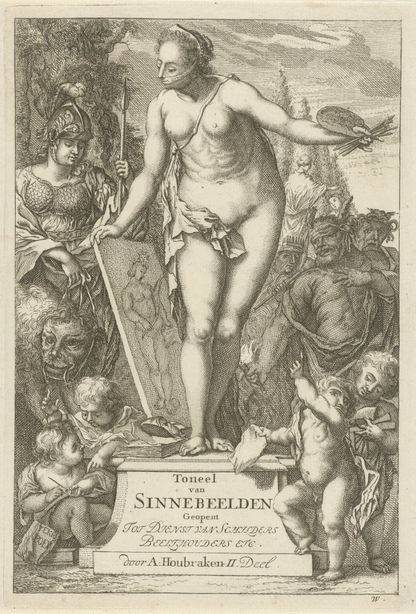 Personificatie van de schilderkunst op een sokkel door Arnold Houbraken