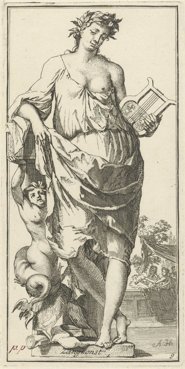 Personificatie van de zangkunst (serie titel: Een-en-veertigh stuks, verscheydene Sinnebeelden) door Arnold Houbraken