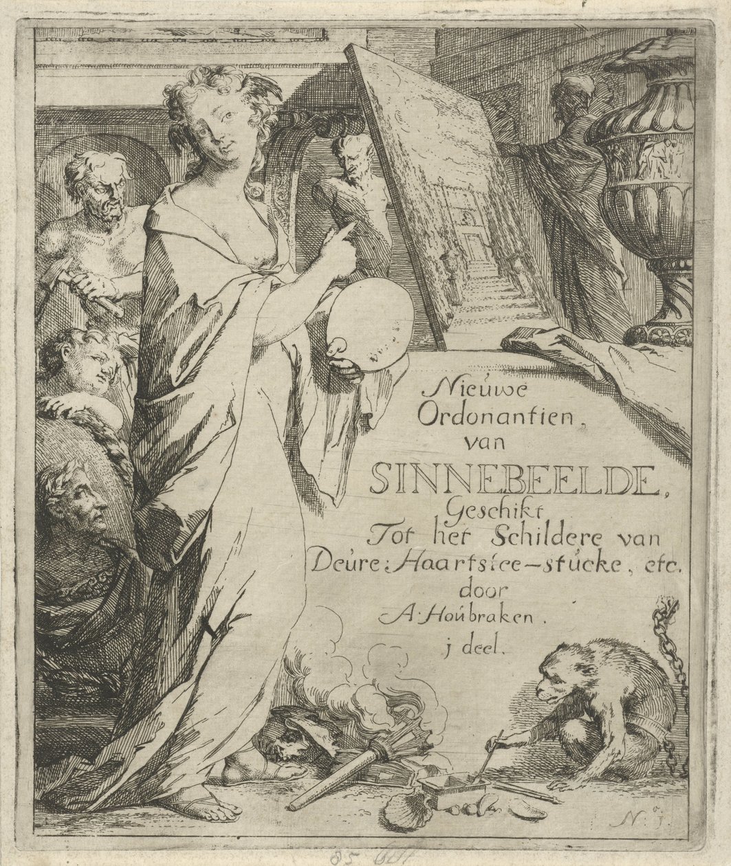 Vrouwfiguur met palet wijzend op een schilderij door Arnold Houbraken