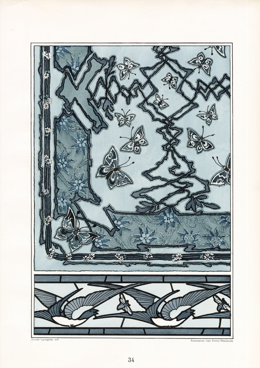 Art Nouveau decoratief patroon met zwaluwen en vlinders (litho) door Arnold Lyongrün