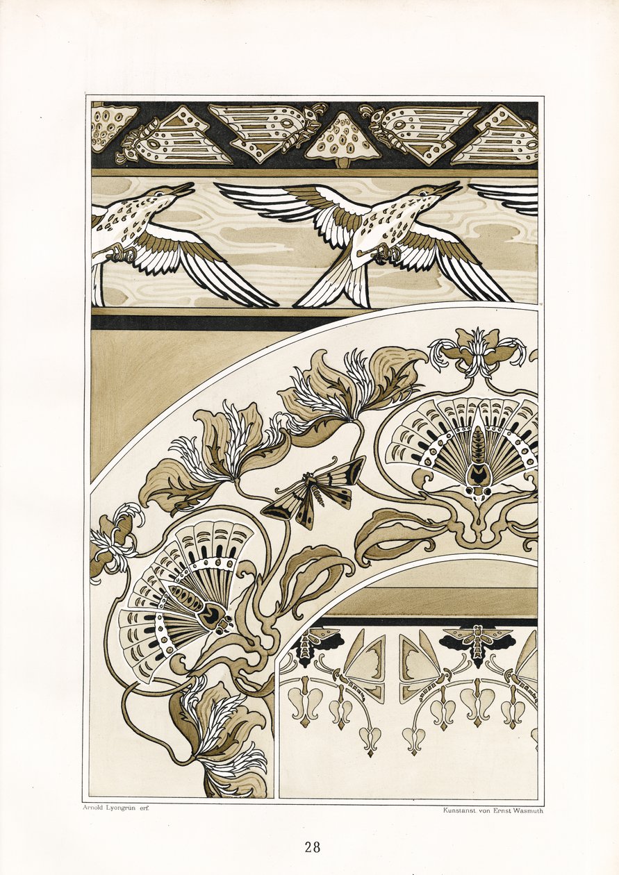 Decoratieve Art Nouveau ornamenten met vogel- en waaiermotieven (litho) door Arnold Lyongrün