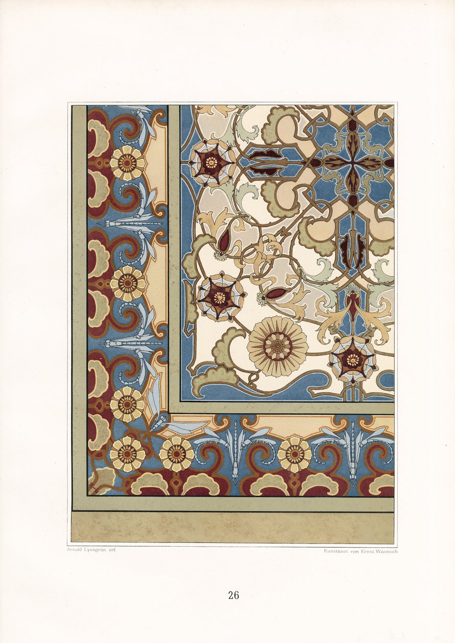 Meerkleurig tapijtpatroon met gestileerde bloemen (litho) door Arnold Lyongrün