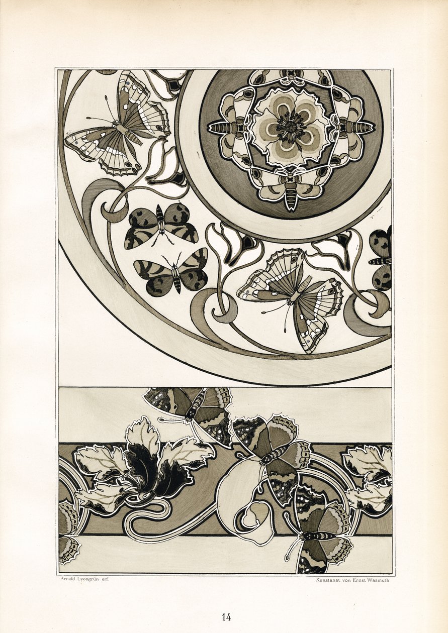 Vlindermotieven in monochroom ontwerp (litho) door Arnold Lyongrün