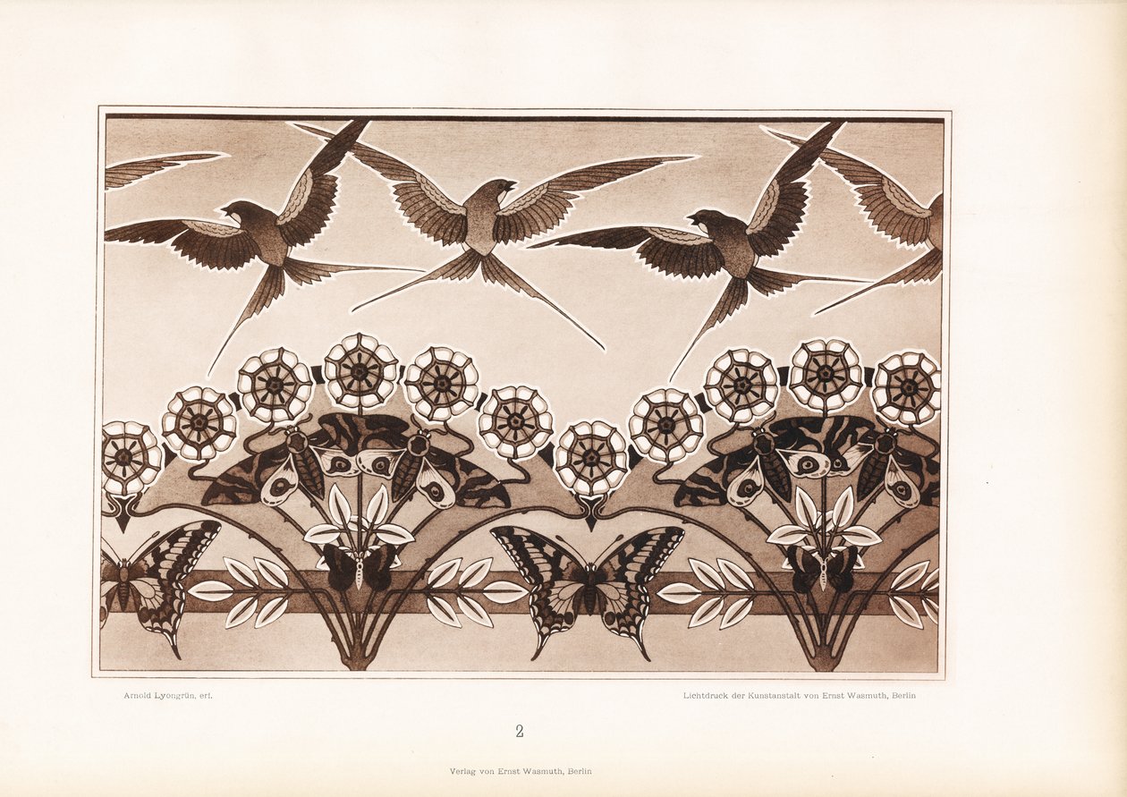 Ornamentaal fries met zwaluwen, vlinders en gestileerde bloemen (litho) door Arnold Lyongrün