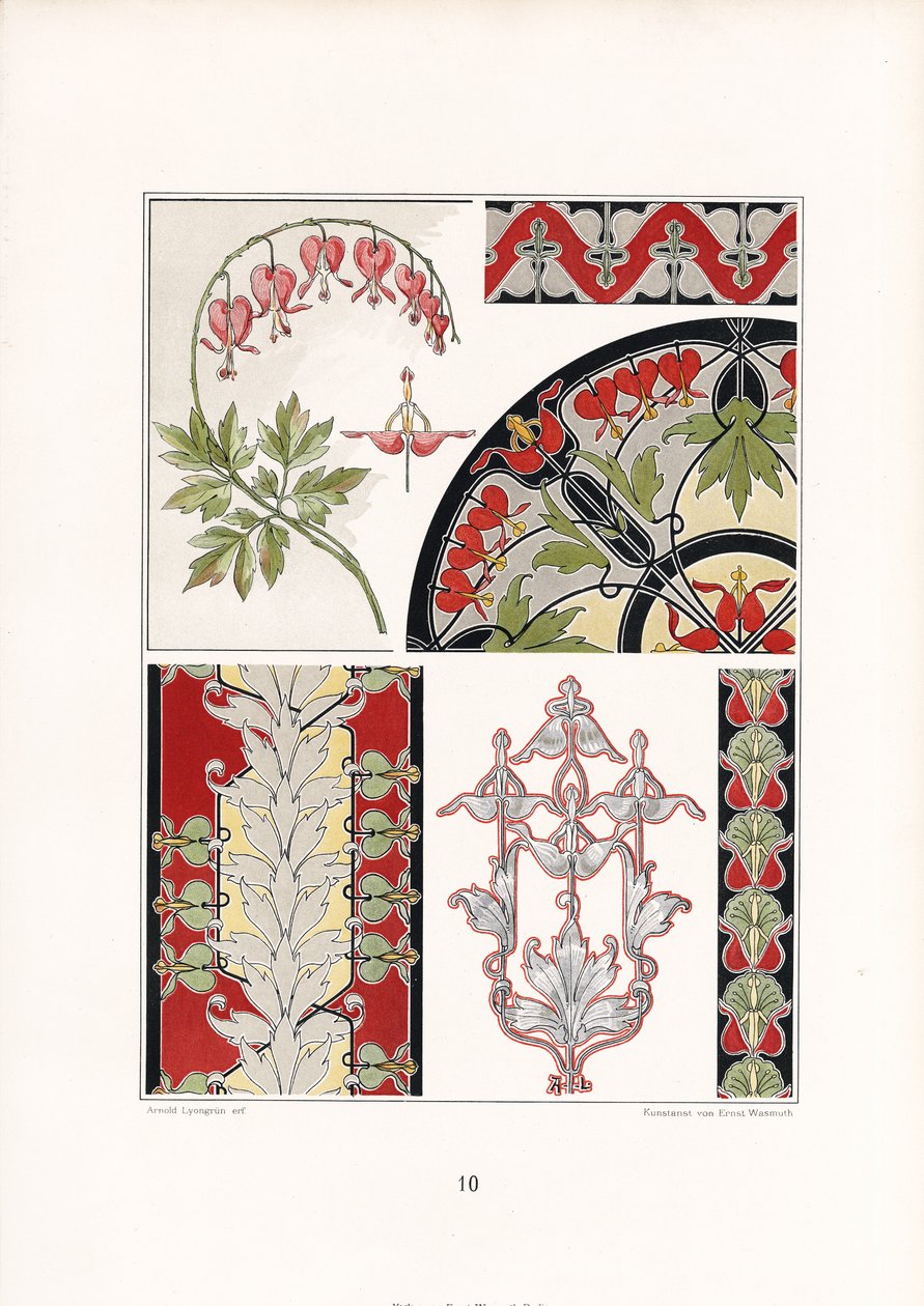 Ornamentstudies met bloedende harten en gestileerde bladmotieven (litho) door Arnold Lyongrün