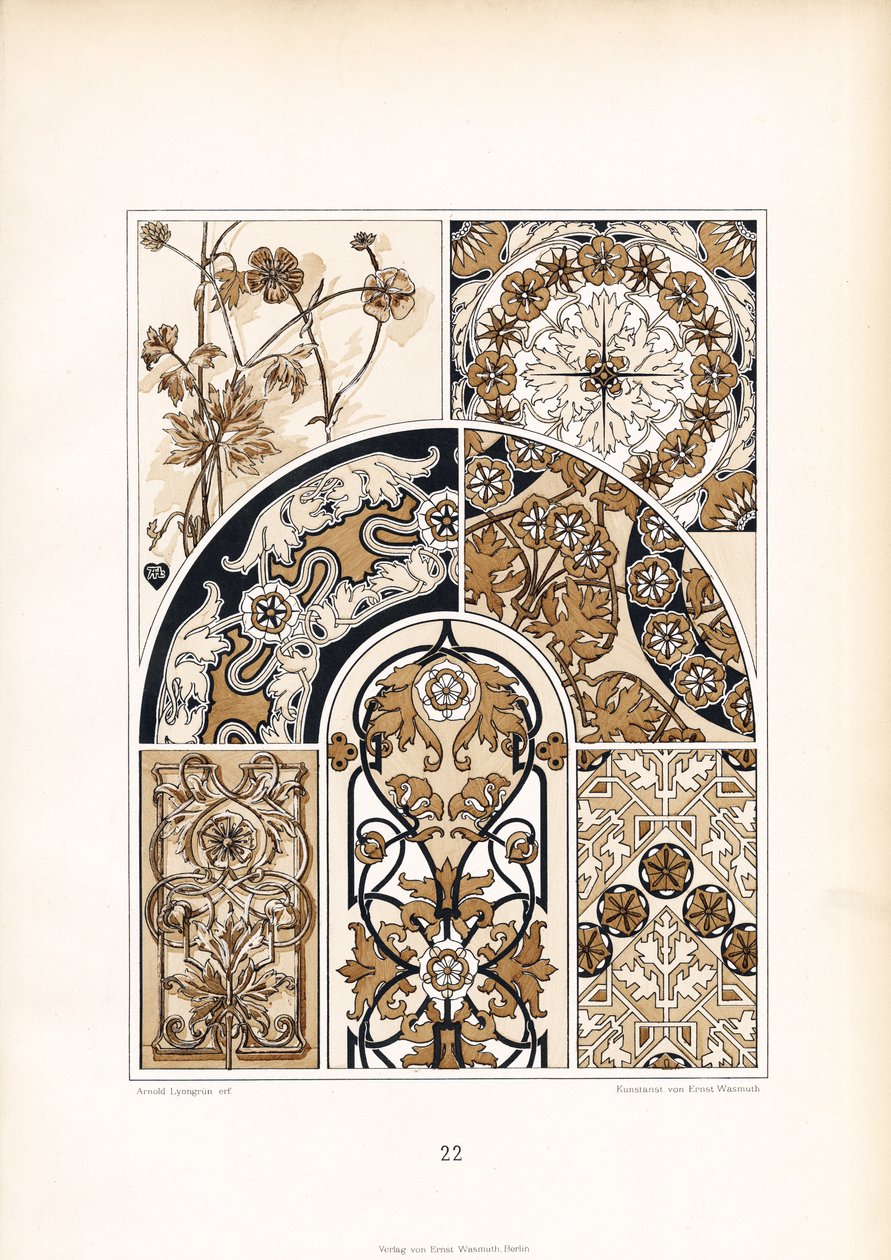 Gestileerde bloemmotieven in goudbruine tinten (litho) door Arnold Lyongrün
