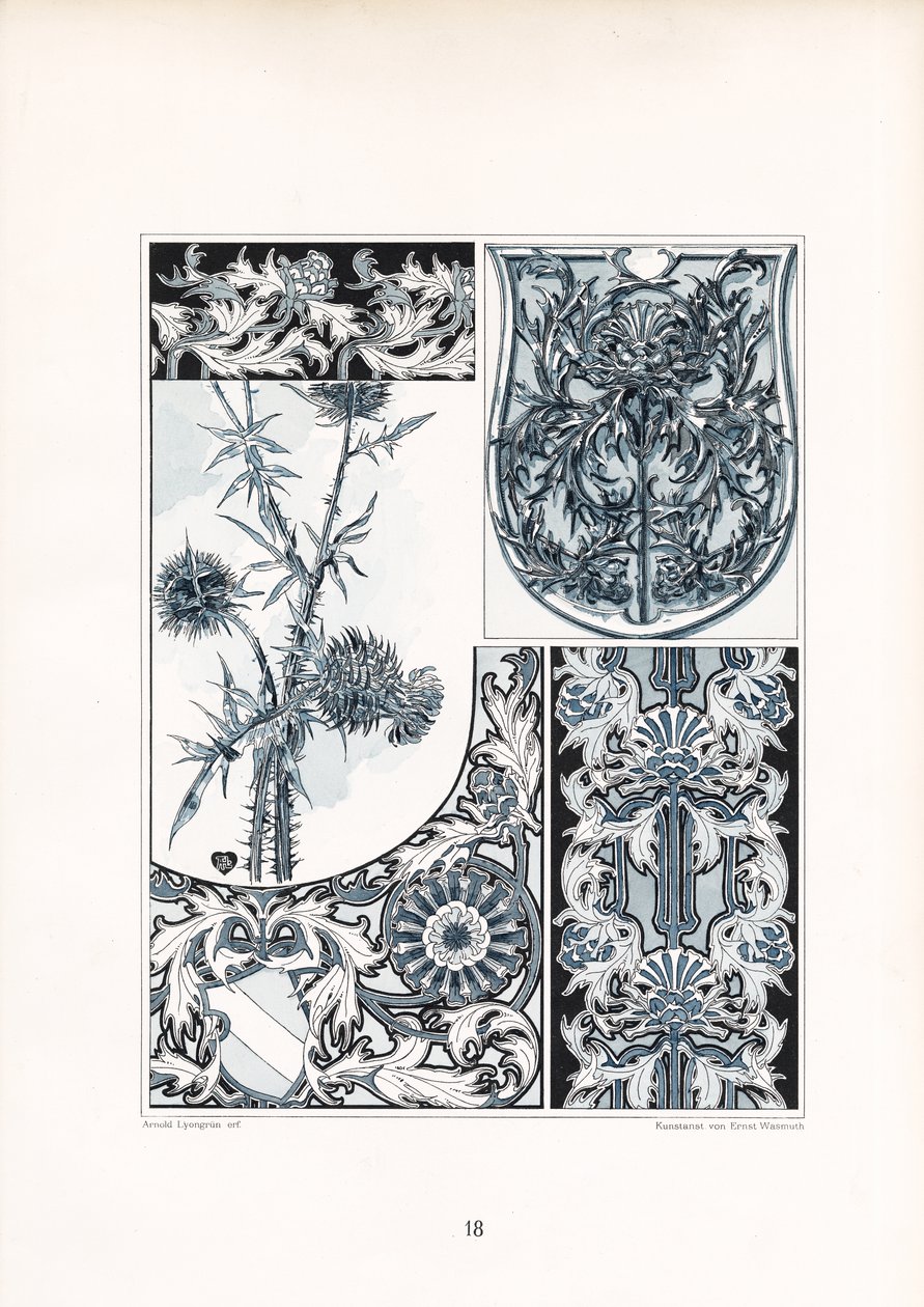 Distelornament in blauw-witte kleuren (litho) door Arnold Lyongrün