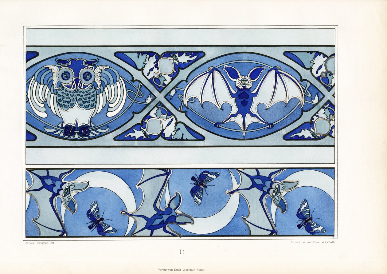Zoomorfe ornamentbanden in blauwe tinten (litho) door Arnold Lyongrün