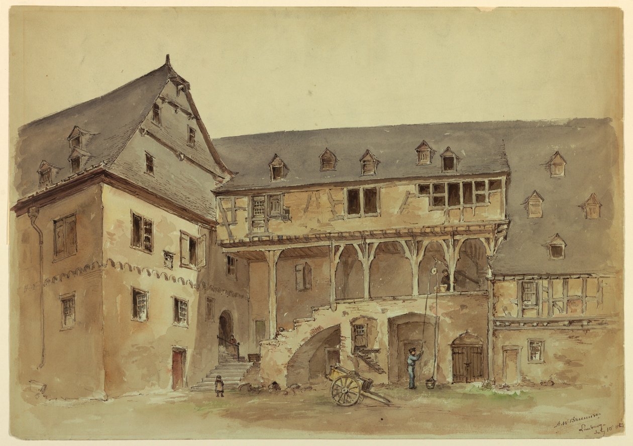 Tekening, Binnenplaats van een middeleeuws landhuis, ca. 1889 door Arnold William Brunner