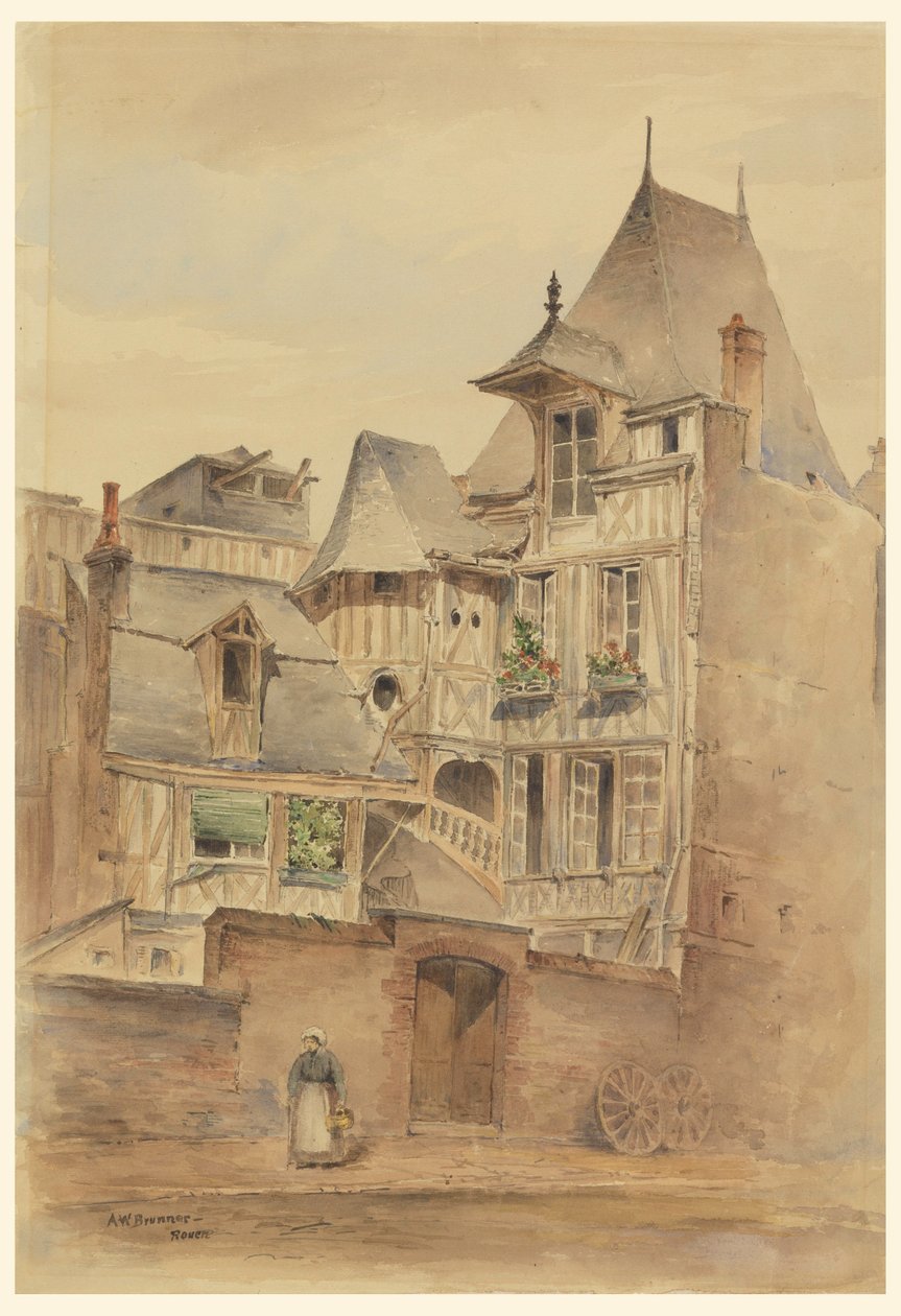 Tekening, Straatbeeld met middeleeuwse huizen, ca. 1885 door Arnold William Brunner