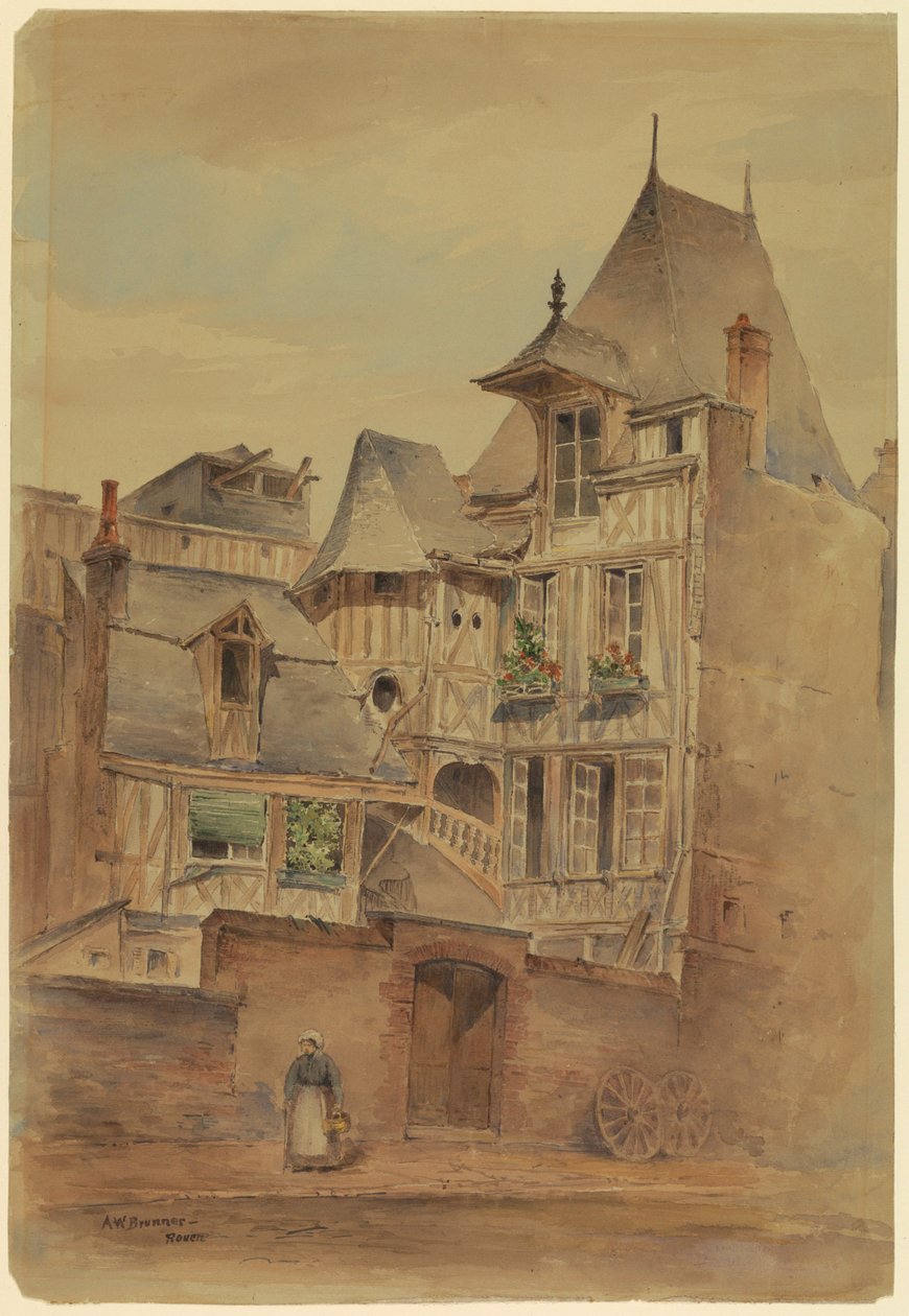 Tekening, Straatbeeld met middeleeuwse huizen, ca. 1885 door Arnold William Brunner