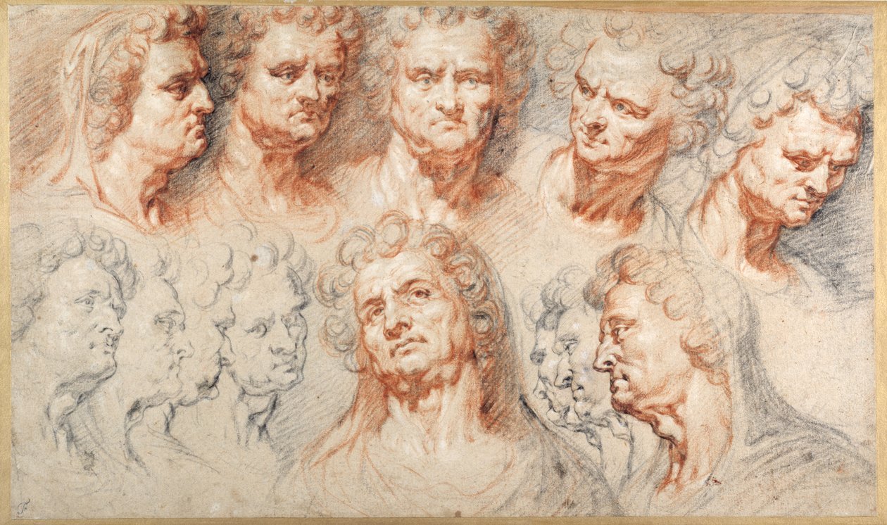 Dertien studies gebaseerd op een Romeins keizerlijk hoofd (zwarte & rode krijt met bruine inkt op wit papier) door Arnold or Artus the Elder Quellin I