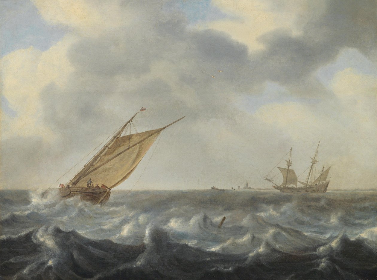 Een viskotter en een tweemaster in woelige zee voor de kust door Arnoldus van Anthonissen