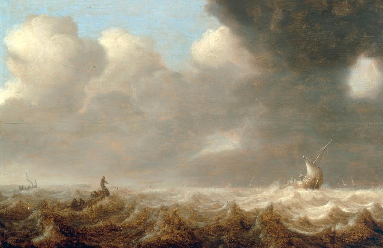 Vissersboten op ruwe zee door Arnoldus van Anthonissen