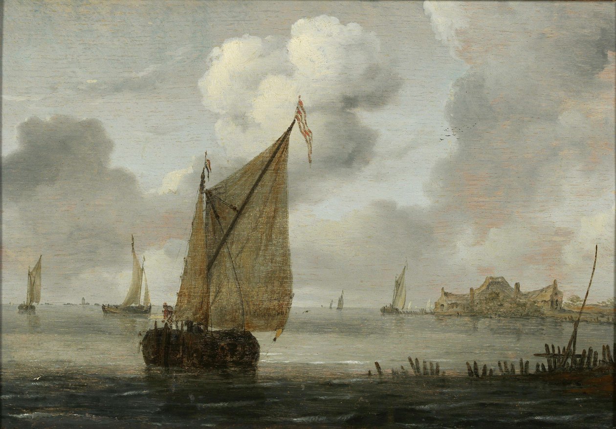 Zeilboten bij een kust door Arnoldus van Anthonissen