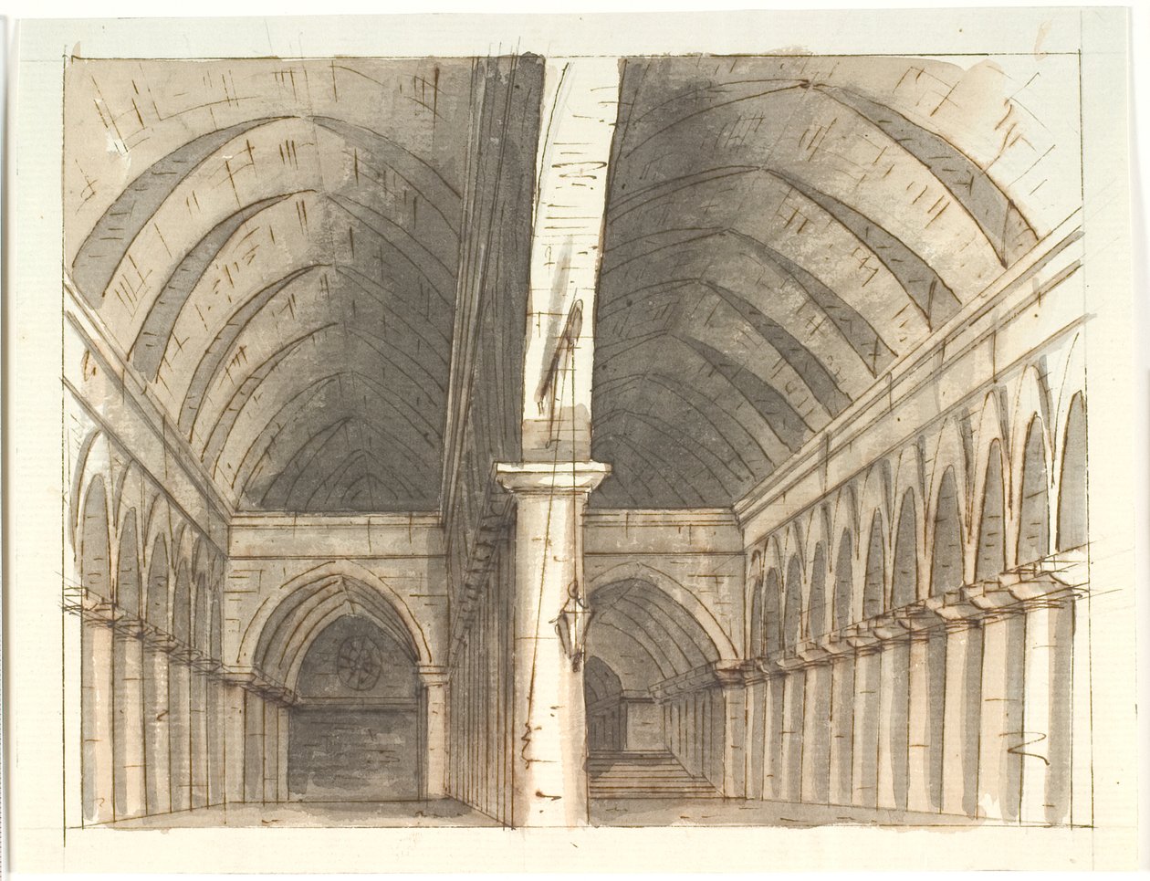Interieur van de begane grond in een kerk (?) met zuilen en gewelven door Aron Wallick