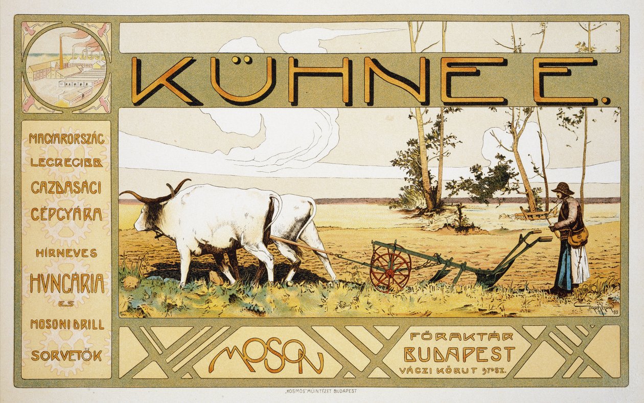 Reproductie van een poster die Kuhnee Landbouwfabrikanten adverteert, 1899 door Arpad Basch