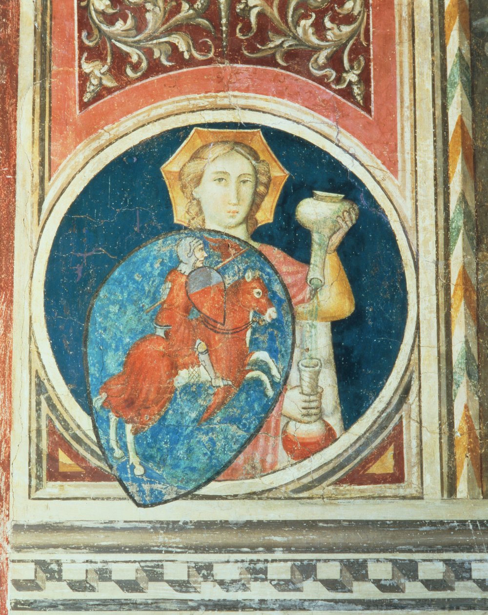 Allegorische figuur van Gematigdheid, een van de verschillende afbeeldingen van de Deugden die Militaire Rechtvaardigheid omlijsten uit de Salone del Consiglio door Arrigo di Niccolo