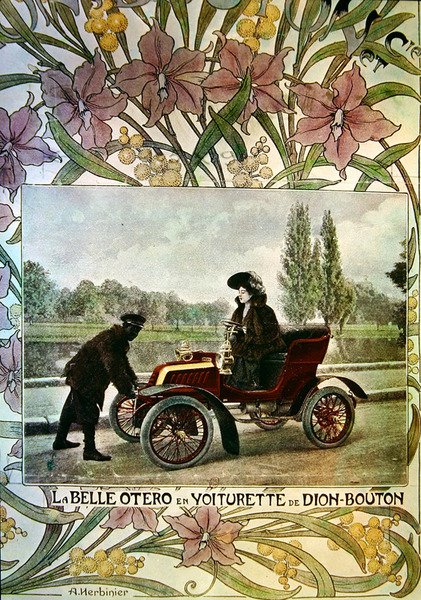 La Belle Otero aan het stuur van een De Dion-Bouton auto door Arsene Herbinier
