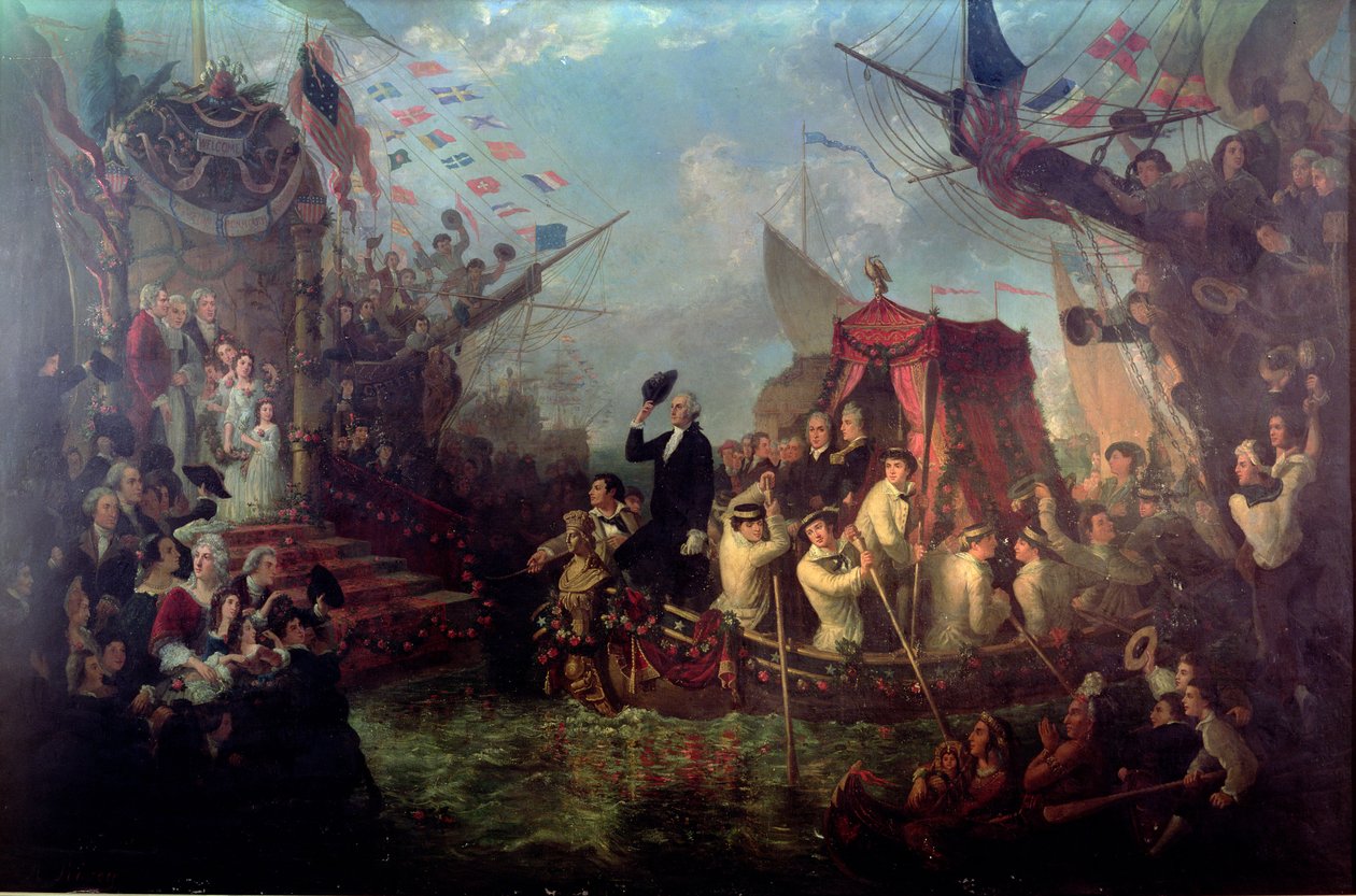 George Washington arriveert in New York City, 30 april 1789 door Arsene Hippolyte Rivey