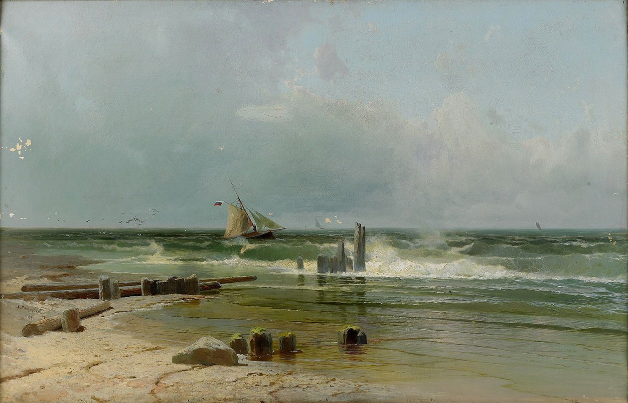 Zeilboot bij het strand door Arseniy Ivanovich Meshchersky