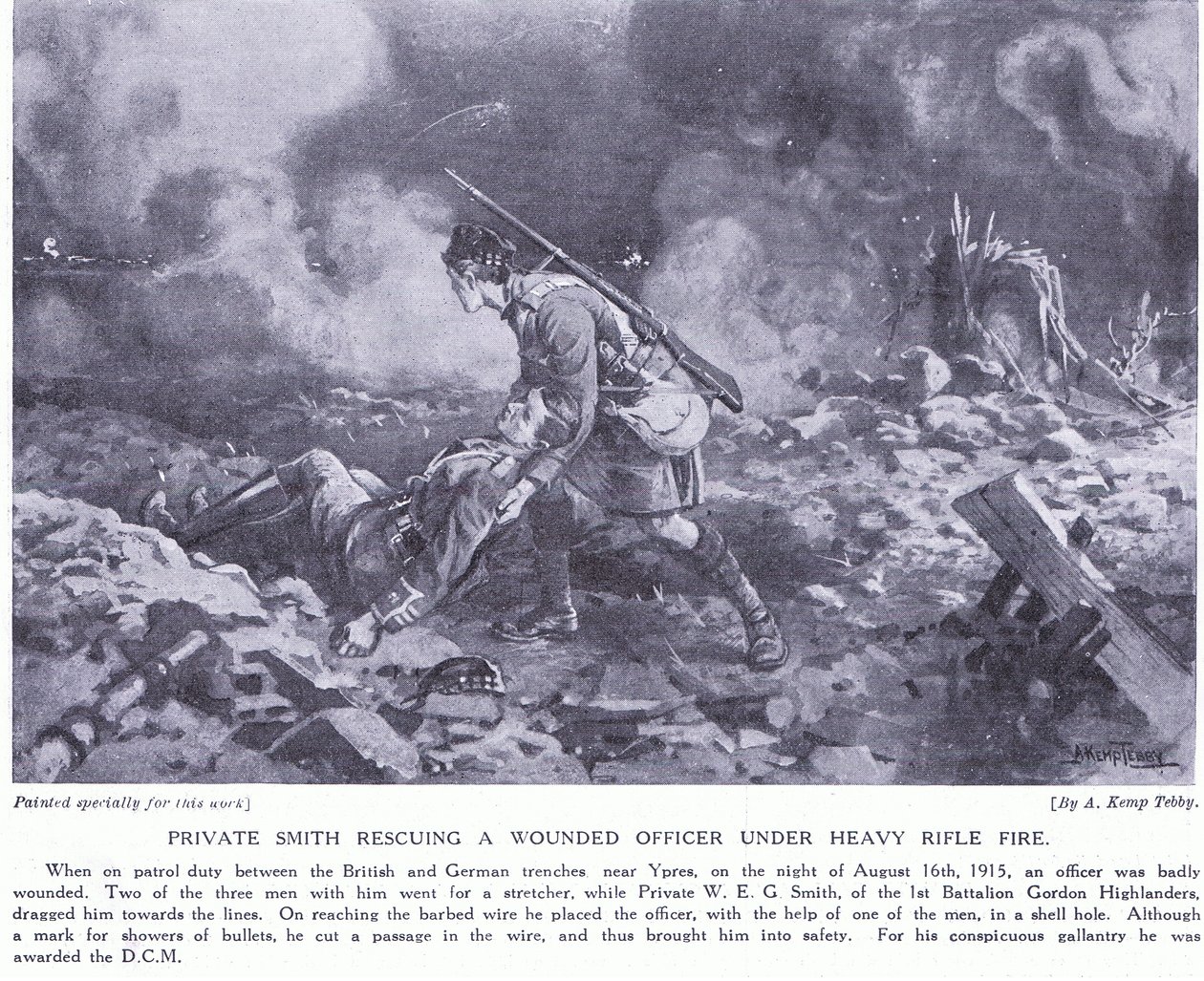 Soldaat Smith redt een gewonde officier onder zwaar vuur, bekroond met DCM Ypres augustus 1915 door Arthur Kemp Tebby