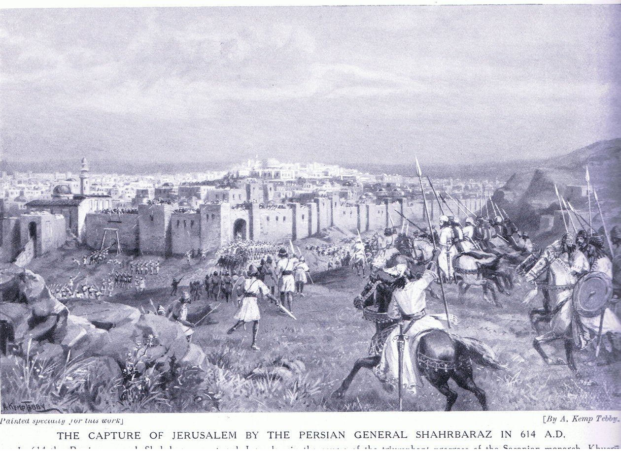 De verovering van Jeruzalem door de Perzische generaal Shahrbaraz in 614 n.Chr. door Arthur Kemp Tebby