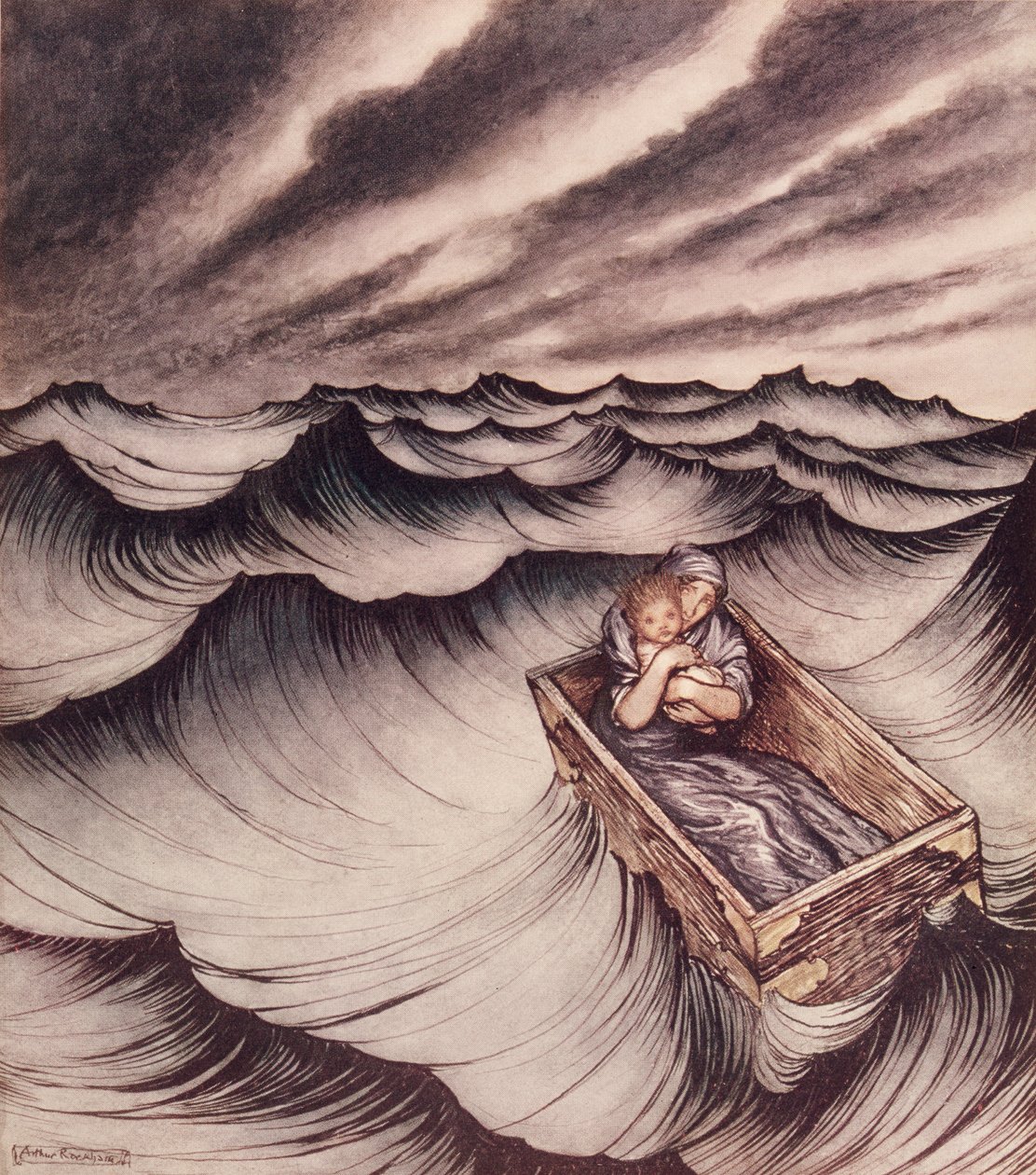 Danaë en haar zoon Perseus in een kist en in zee geworpen, 1914 door Arthur Rackham
