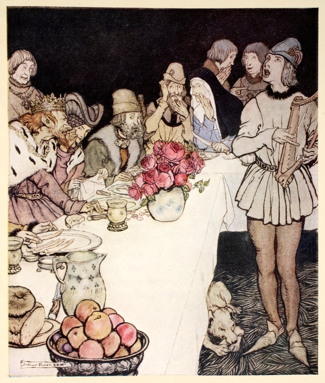 Hoe Eliot de harpspeler op een groot feest dat koning Mark gaf het lied zong dat Dinalan had gemaakt, illustratie uit 