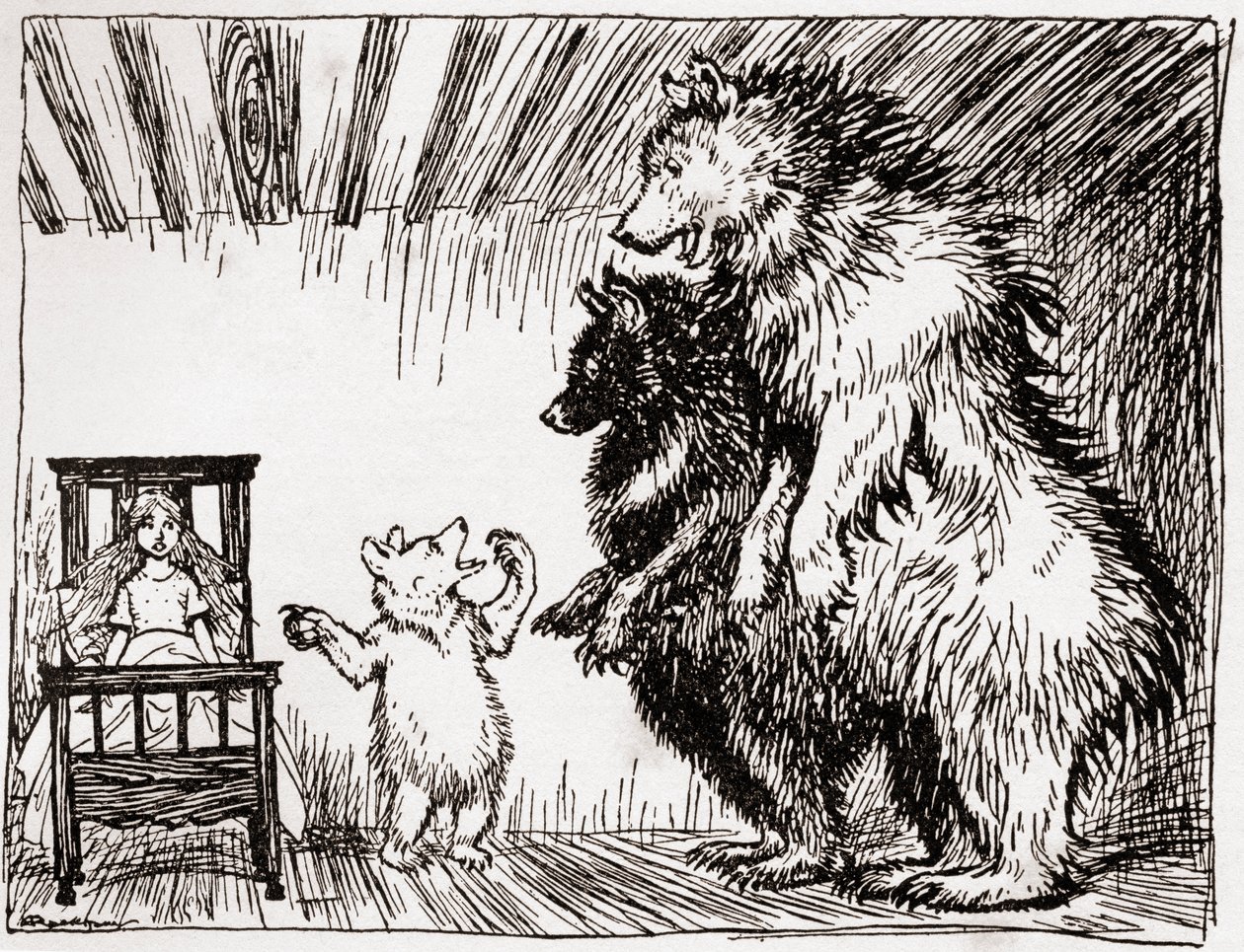 Iemand heeft in mijn bed gelegen, en hier is ze, illustratie bij Goudlokje en de Drie Beren, uit Engelse Sprookjes naverteld door F.A. Steel, 1927 door Arthur Rackham