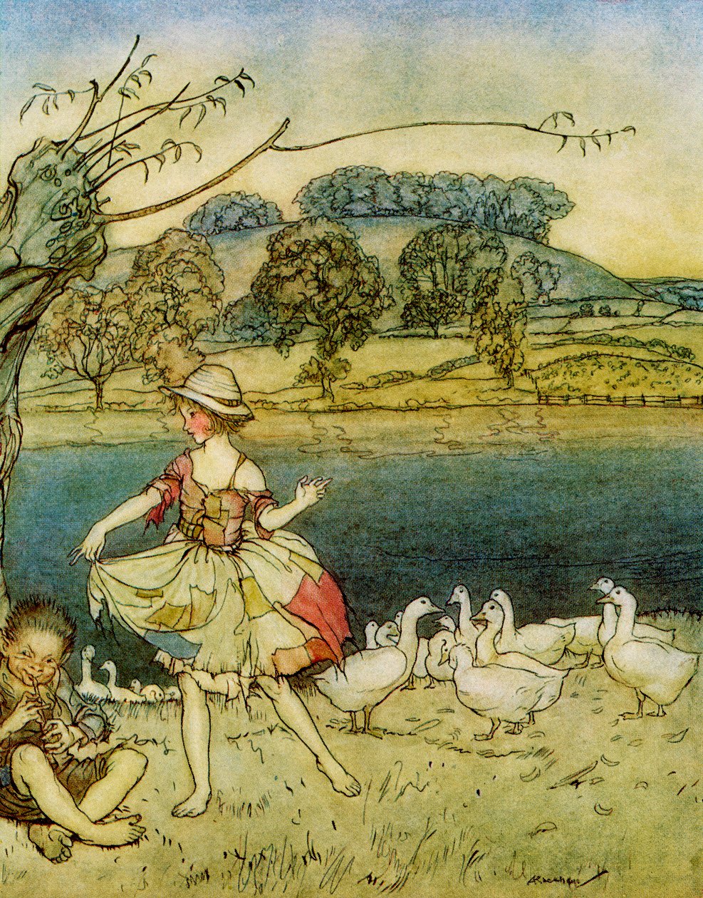 Tattercoats dansen terwijl de ganzenhoeder fluit, uit Engelse Sprookjes naverteld door F.A. Steel, 1927 door Arthur Rackham