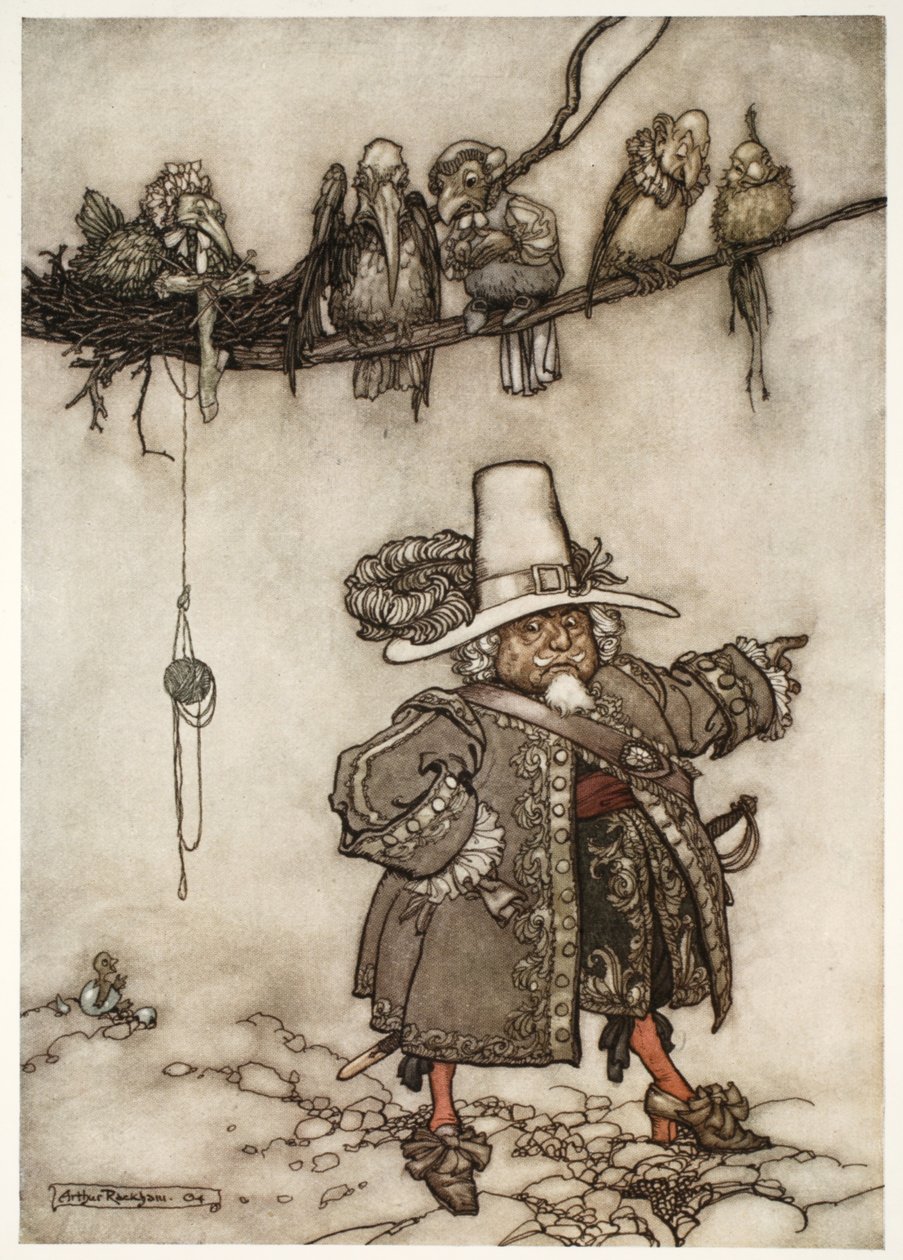Er was er één die hun commandant leek te zijn., uit Rip Van Winkle door Washington Irving, uitgegeven 1910 door Arthur Rackham