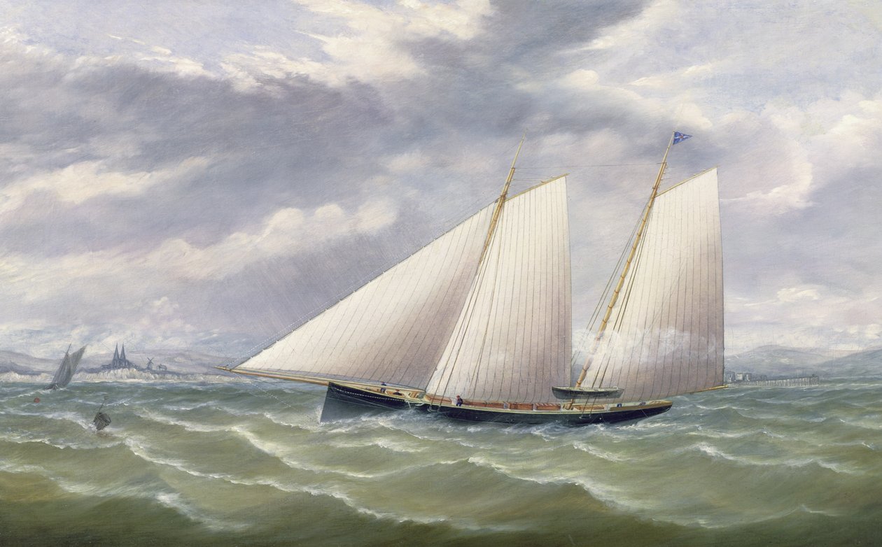 Een Kotter in een Sterke Wind met een Wimpel van de Royal Thames Yacht Club door Arthur Wellington Fowles
