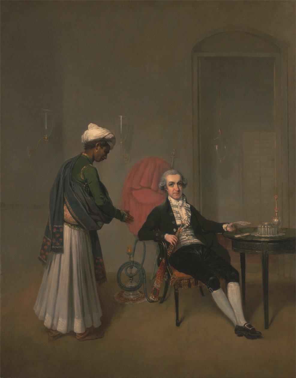 Portret van een heer, mogelijk William Hickey, en een Indiase dienaar door Arthur Devis