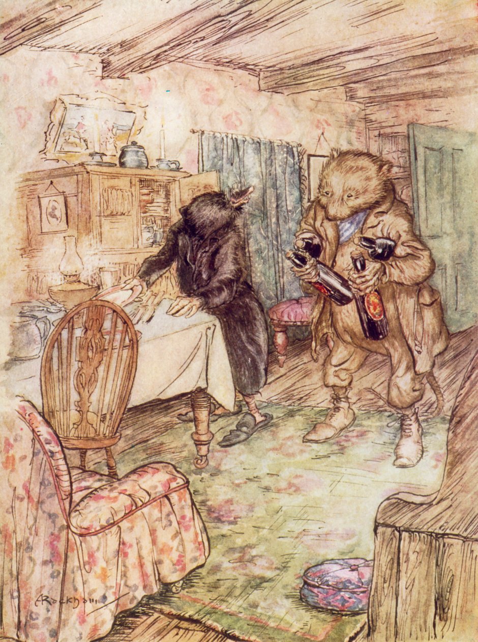 Illustratie voor De wind in de wilgen van Kenneth Grahame (kleurenlitho) door Arthur (after) Rackham