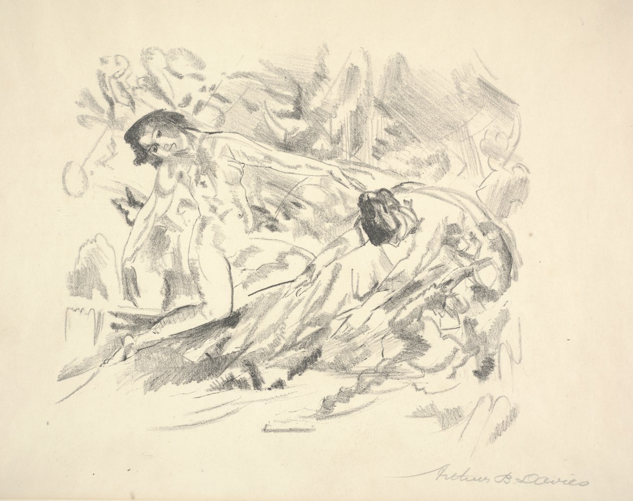 Twee Vrouwelijke Figuren in een Landschap door Arthur Bowen Davies