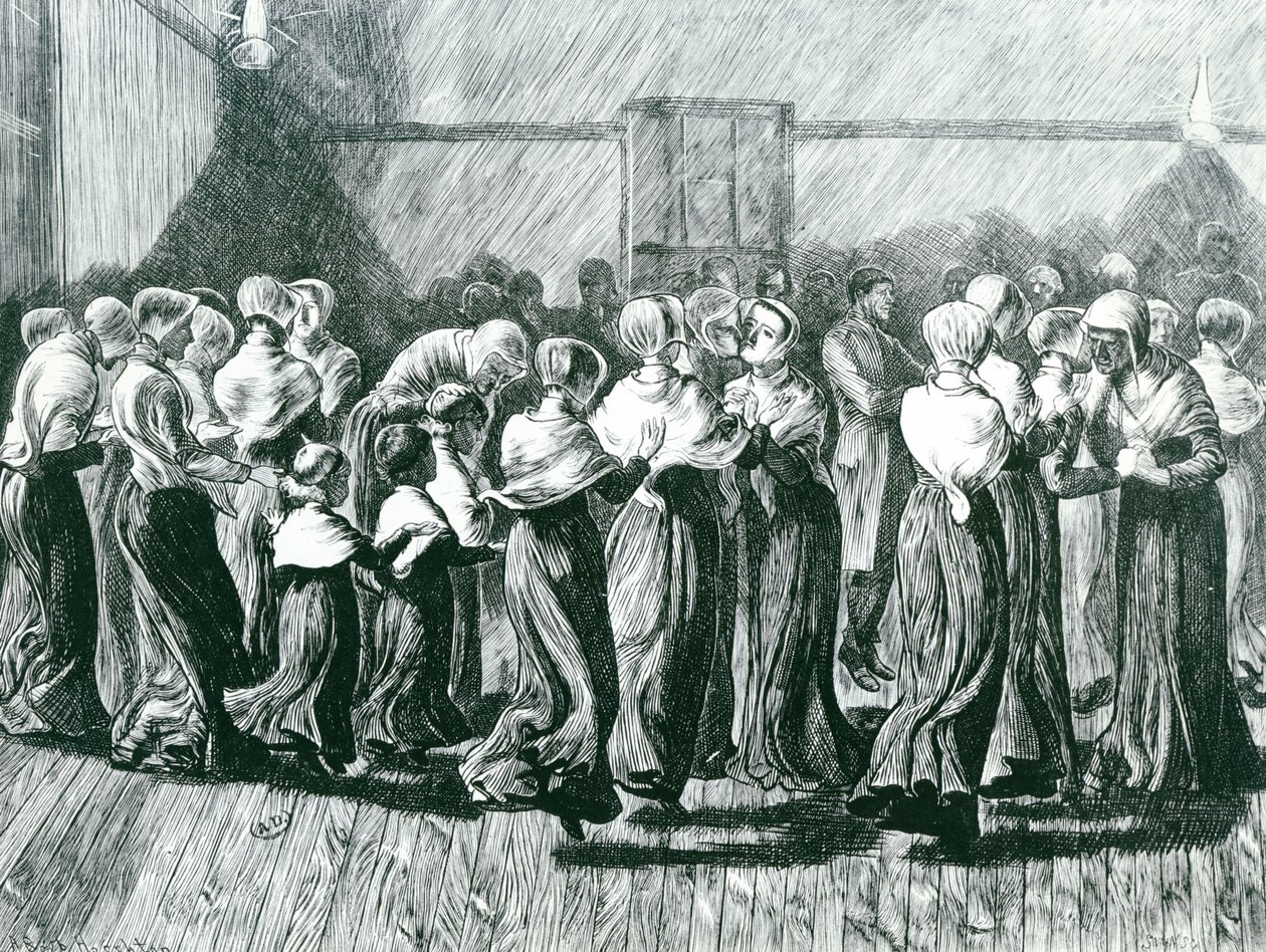 Shakers bij een Bijeenkomst: de Religieuze Dans, illustratie uit The Graphic, gepubliceerd op 14 mei 1870 door Arthur Boyd Houghton