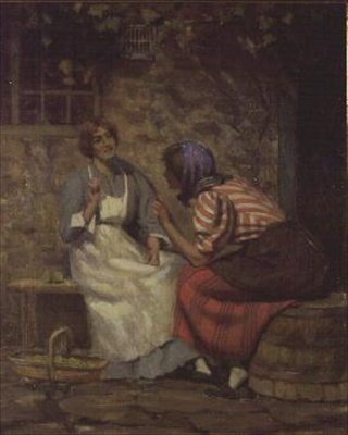 Schandaal, Twee Meisjes die Buiten een Huisje Roddelen door Arthur Claude Cooke