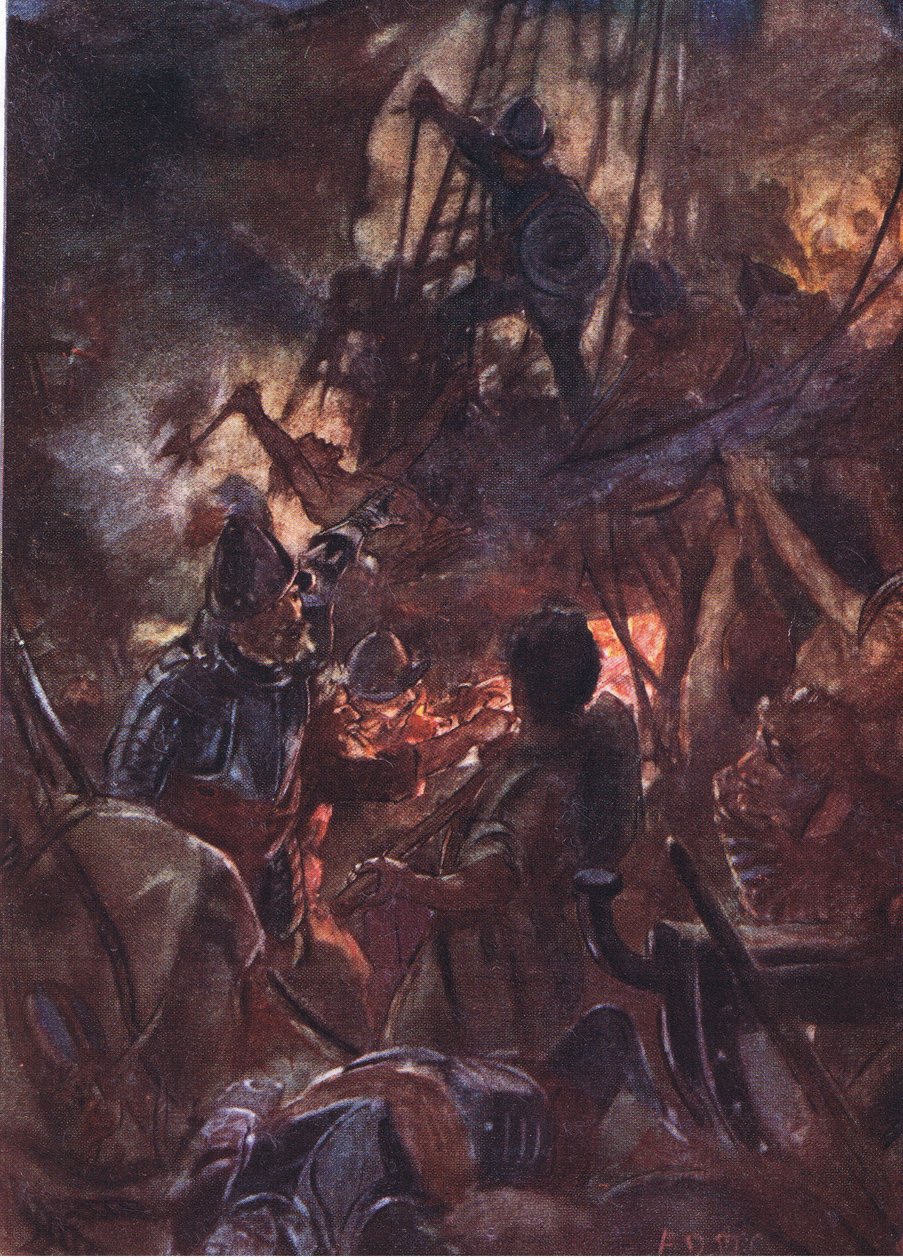 Hevig woedde de strijd en lang, illustratie uit Romance of History: Nederland, 1920s door Arthur David McCormick