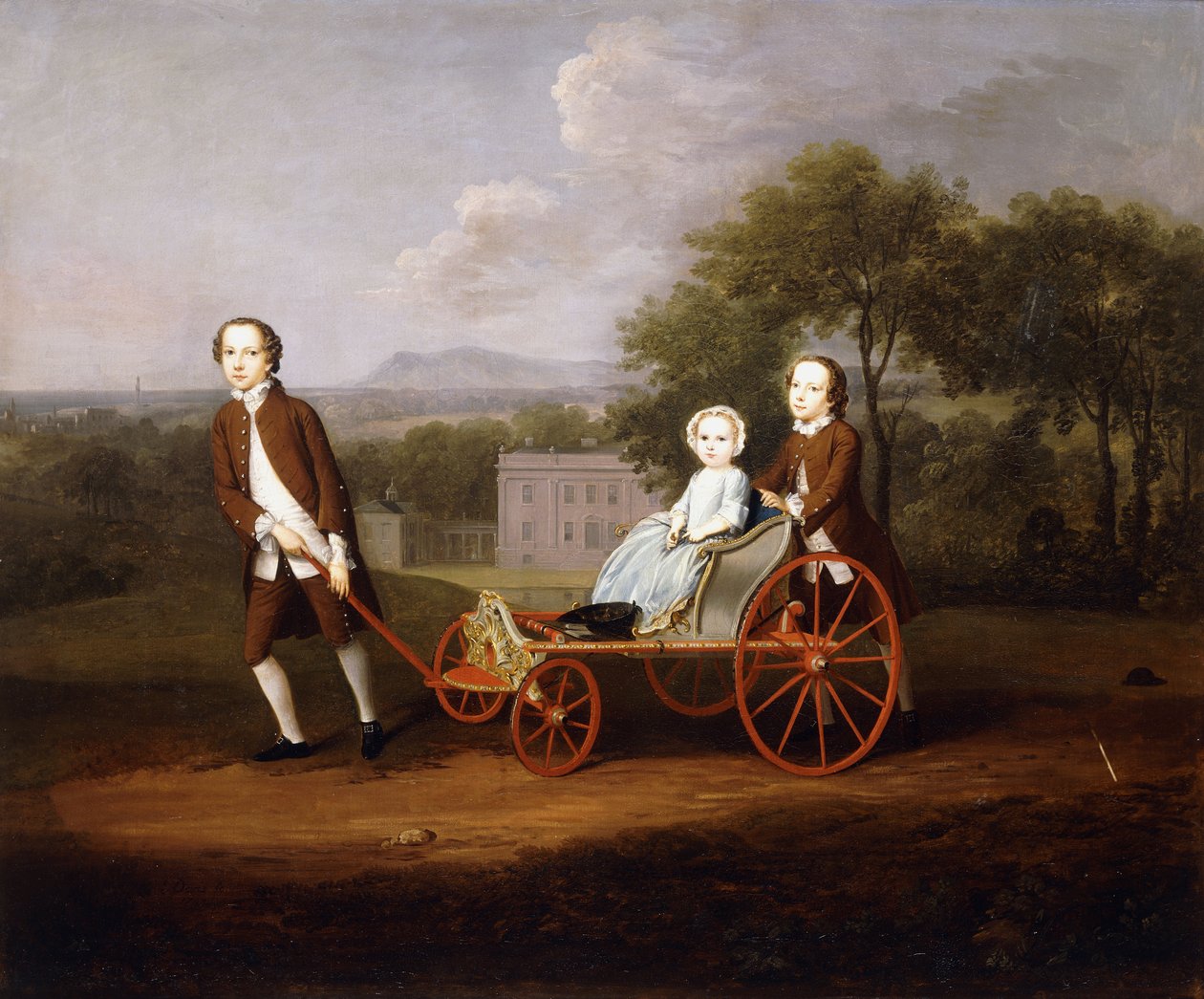 Groepsportret van drie kinderen van Peter en Mary Du Cane, allemaal klein en volledig in beeld, spelend met een uitgebreide hondenkar, in de tuin van een landhuis, 1747 door Arthur Devis