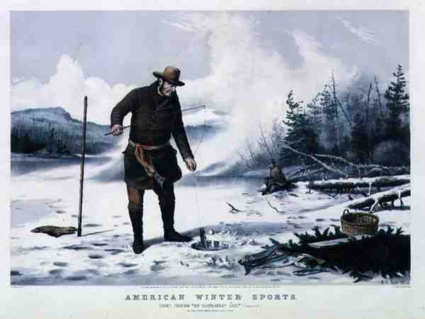 Amerikaanse Wintersporten: Forelvissen op Chateaugay Lake, uitgegeven door Currier & Ives door Arthur Fitzwilliam (after) Tait