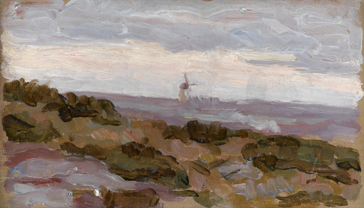 Landschapsstudie met windmolen aan de horizon, ca. 1900 door Arthur Haythorne Studd