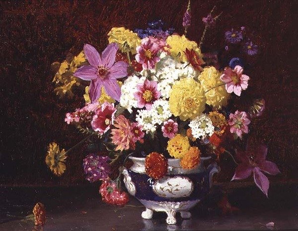 Stilleven met Seringen en Chrysanten door Arthur Herbert Buckland