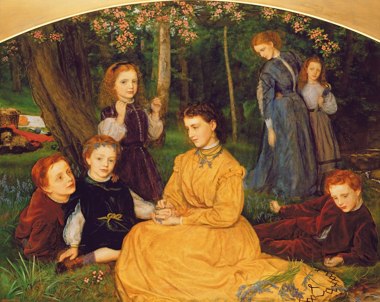 Een verjaardags picknick - Portretten van de kinderen van W.W. Pattinson, Esq. van Felling, nabij Gateshead, 1866-67 door Arthur Hughes