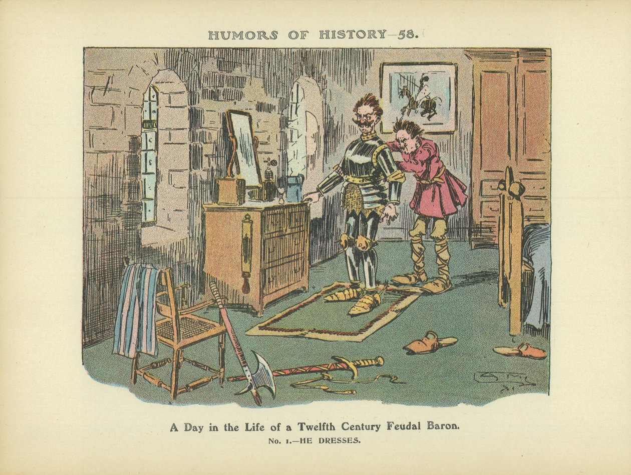 Een dag uit het leven van een twaalfde-eeuwse feodale baron (kleurenlitho) door Arthur Moreland