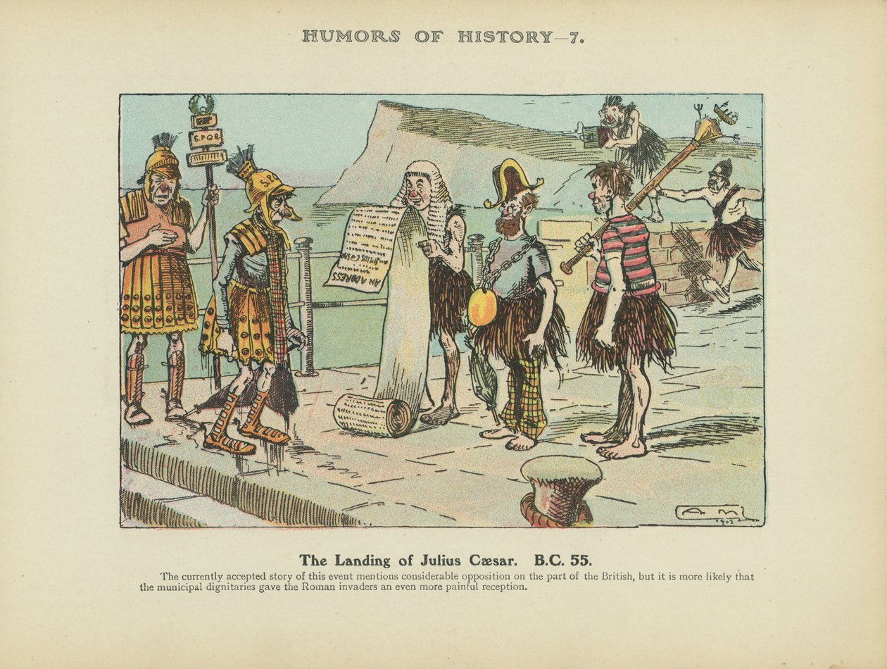 De landing van Julius Caesar. B.C. 55 (kleurenlitho) door Arthur Moreland