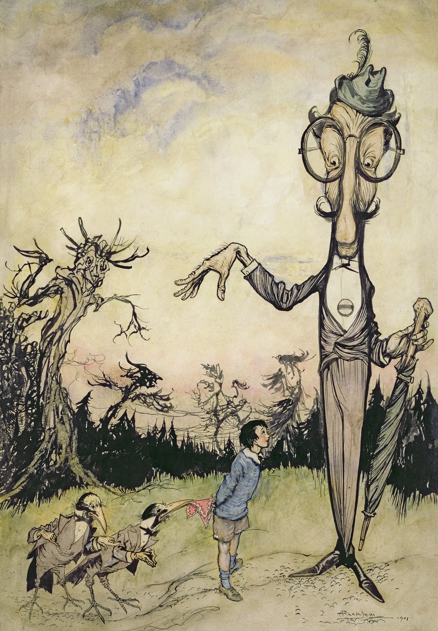 Een reus met een kind en twee kraaien, illustratie uit Het boek van Betty Barber door Maggie Brown door Arthur Rackham