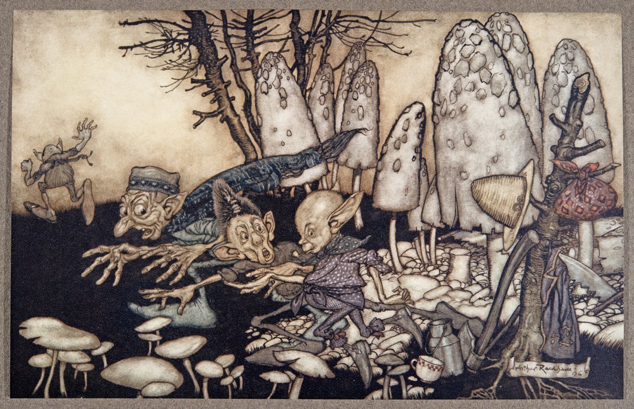 Een groep arbeiders die een paddenstoel aan het zagen waren, rende weg en liet hun gereedschap achter, uit Peter Pan in Kensington Gardens door J M Barrie (1860 - 1937), pub. 1906 door Arthur Rackham