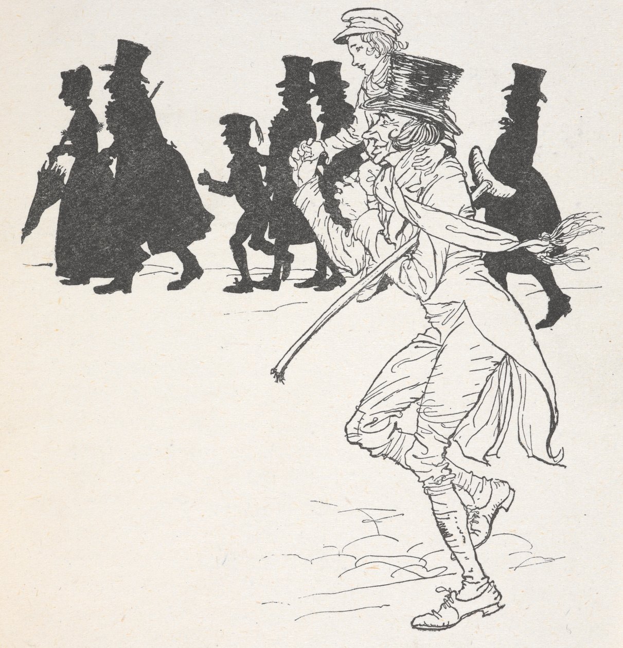Een jongen die op de schouders van een man wordt gedragen door Arthur Rackham