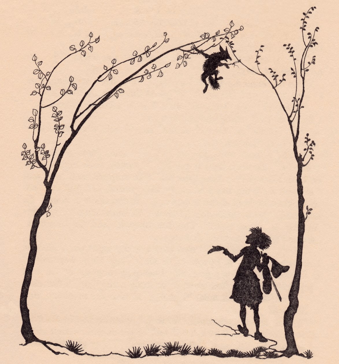 Een vos vastgebonden aan twee hazelaars. Illustratie door Arthur Rackham uit Grimm